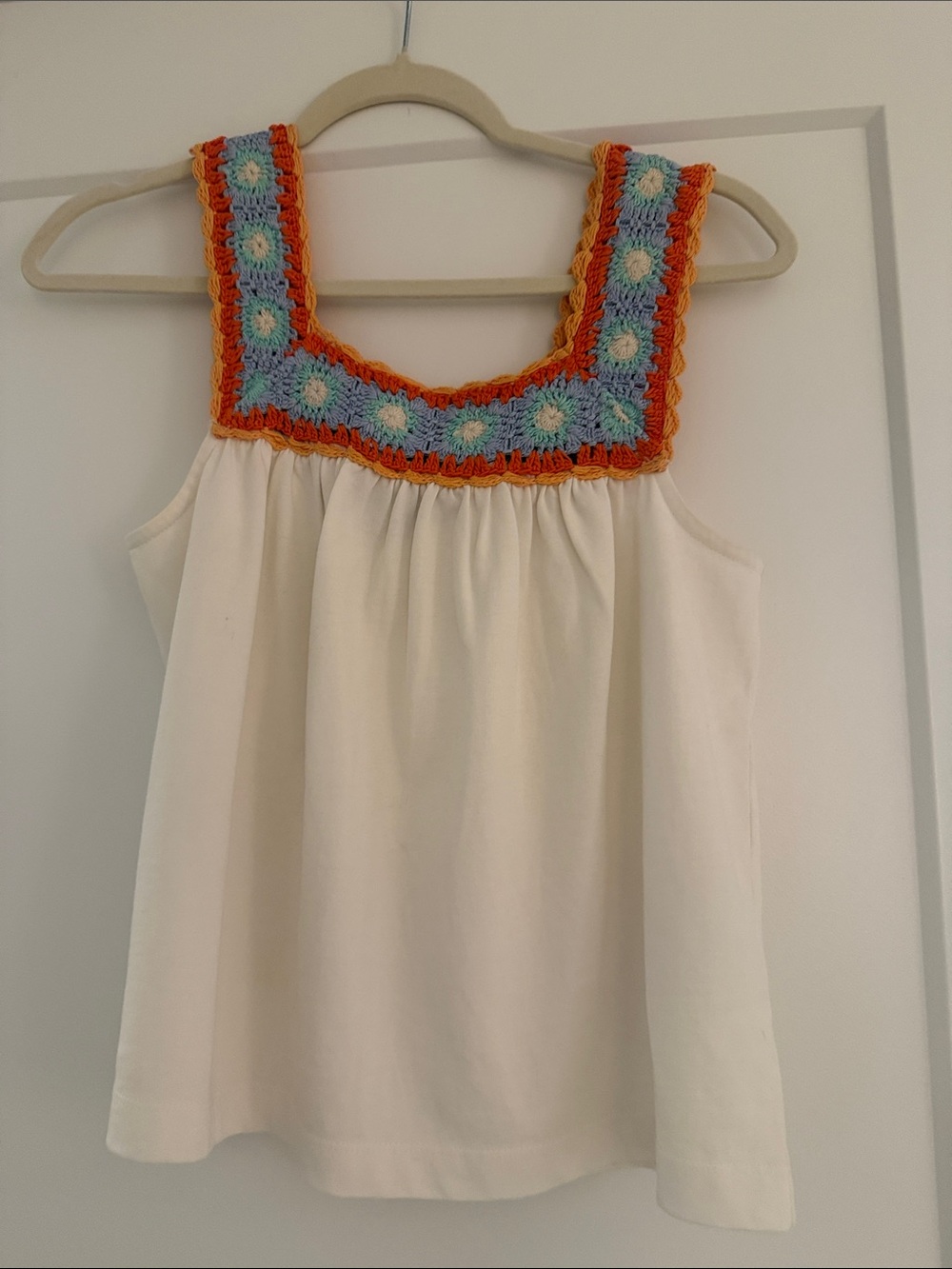 LILLA P Women's white Tank Top with colorful crochet neckline